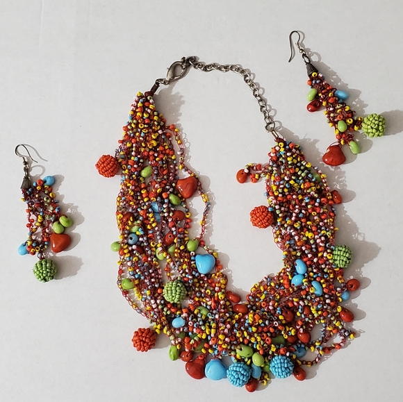 Set earrings necklace seed beads czech hearts Artisan handmade vintage estate - Picture 3 of 16